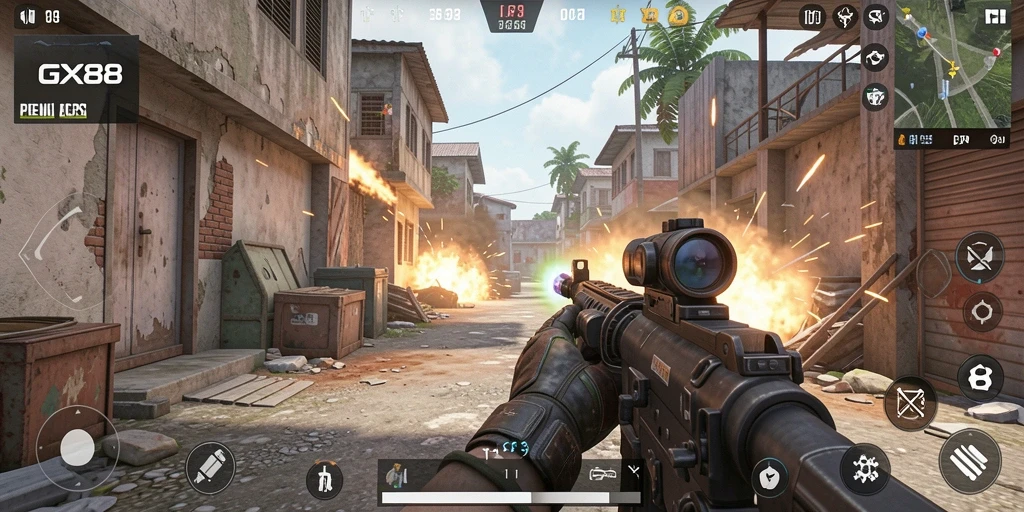 Tampilan gameplay GX88 dengan aksi tembak-menembak yang seru.