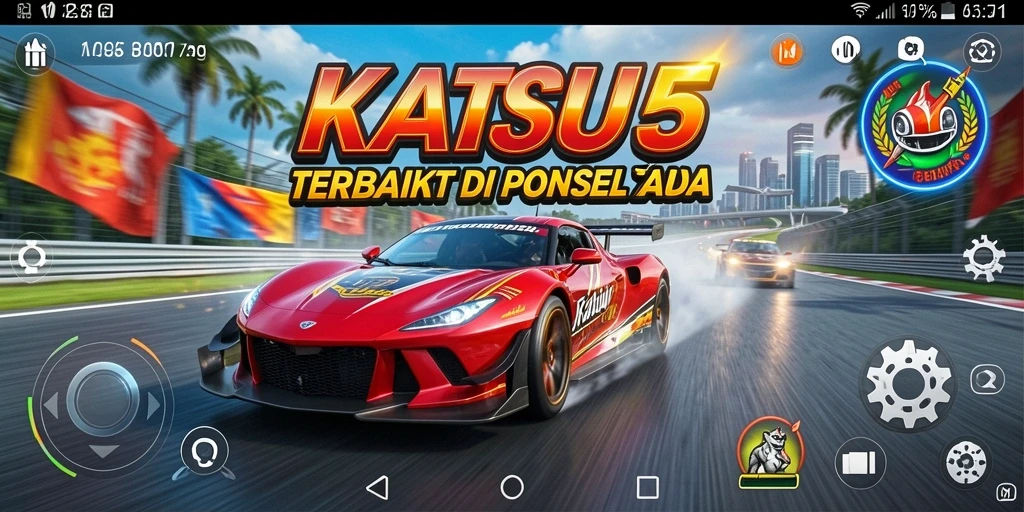 Screenshot KATSU5 yang menunjukkan aksi balap mendebarkan di trek.