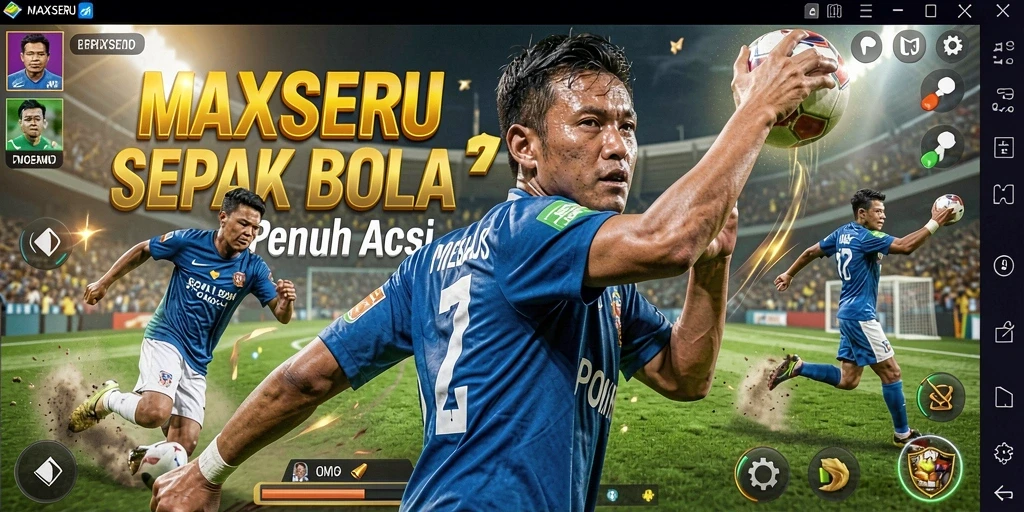 Tampilan gameplay <strong>MAXSERU</strong> yang mendebarkan di lapangan sepak bola.