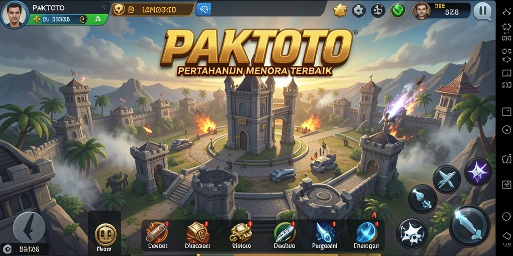 Screenshot gameplay PAKTOTO menampilkan menara mempertahankan markas dari serangan musuh.