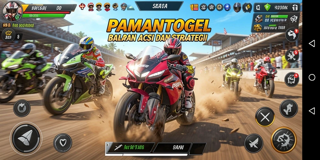 Tampilan gameplay mendebarkan dalam PAMANTOGEL dengan balapan motor nyata.