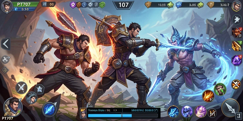 Gameplay intens di arena PT707 dengan berbagai karakter bertarung.