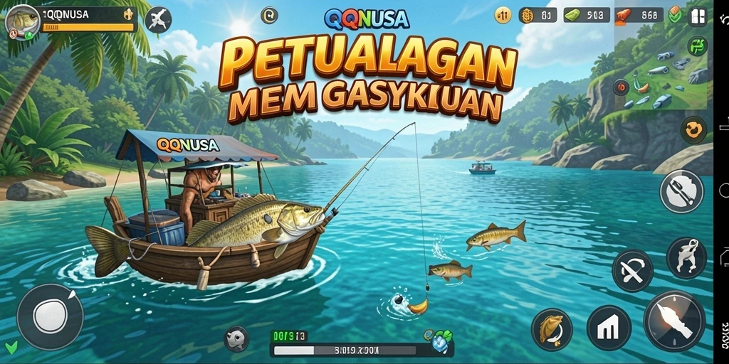 Screenshot gameplay QQNUSA menampilkan keseruan memancing di lokasi indah.