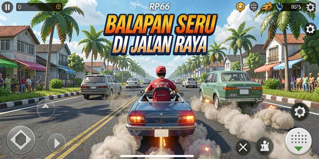 Screenshot utama RP66 menampilkan mobil balap di lintasan yang menantang.