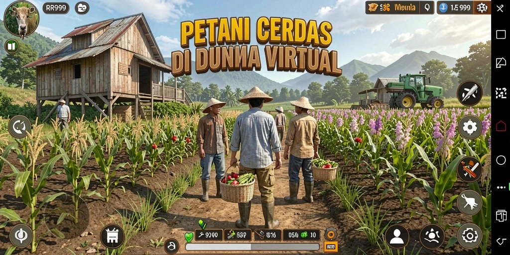 Tangkapan layar gameplay RR999 menampilkan ladang yang subur dan aktivitas bertani yang menyenangkan.
