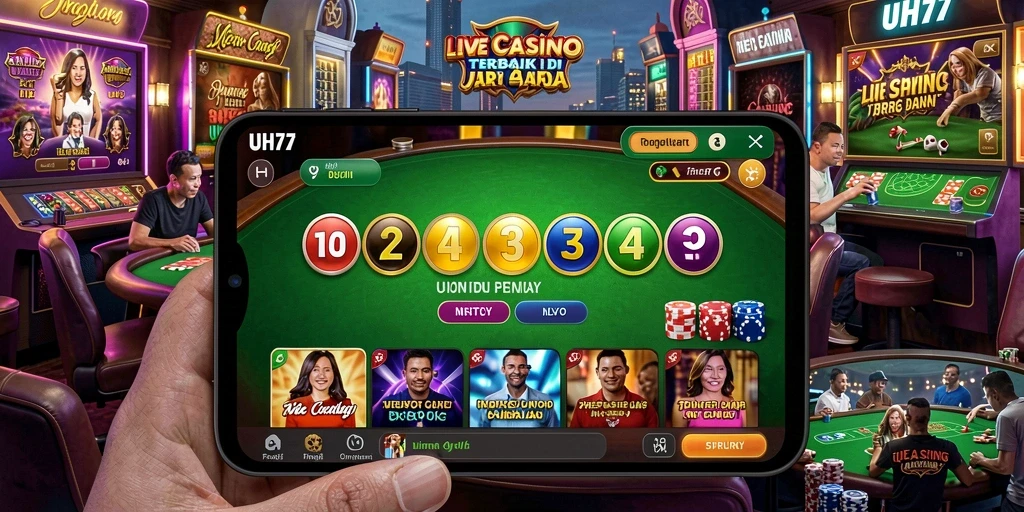 Tampilan screenshot UH77 menampilkan dealer dan permainan Live Casino yang mendebarkan.
